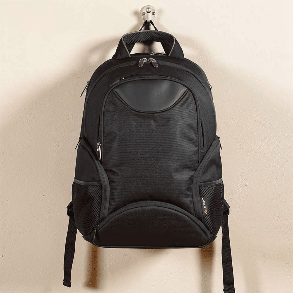 A black 15" computer backpack with multiple compartments and a logo. Features padded straps for comfort.