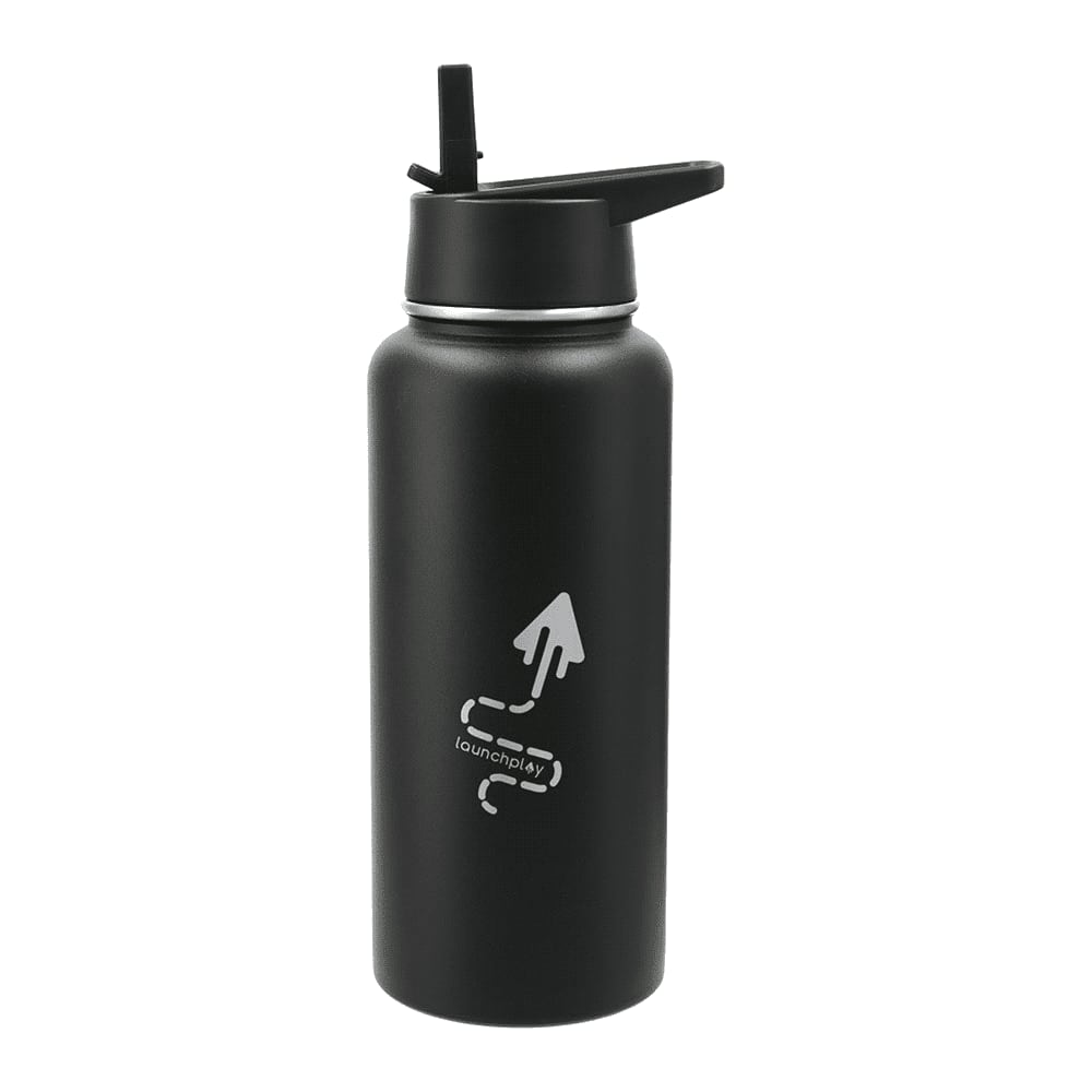 A drink bottle in matte black with a screw-on lid and built-in straw, featuring a logo.