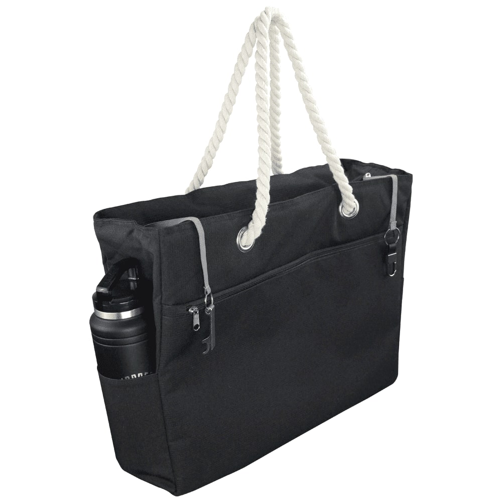 A black waterproof beach bag with rope handles and a side pocket for a drink bottle. It includes zippers and a logo.