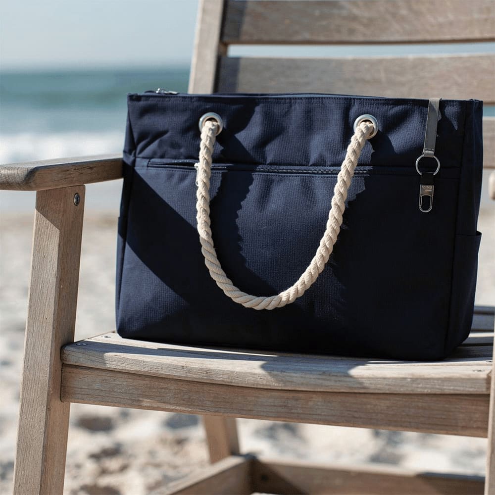 A navy waterproof beach bag with rope handles rests on a wooden chair by the shore. Features a logo.