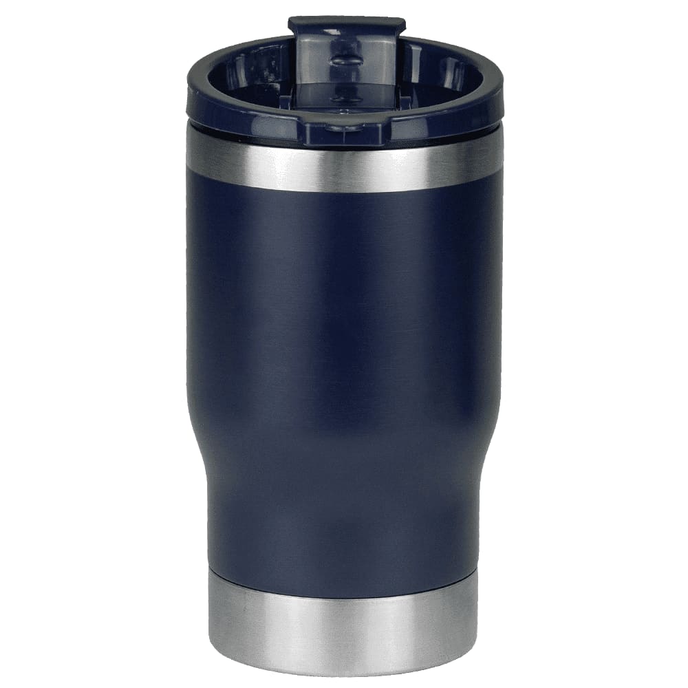 A drink bottle featuring a navy finish with a stainless steel base and a removable lid, including a logo.