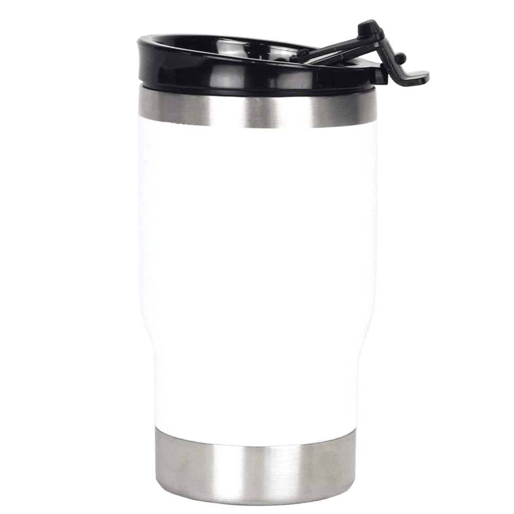 A drink bottle in white and stainless steel, featuring a black lid with a spout and a logo.
