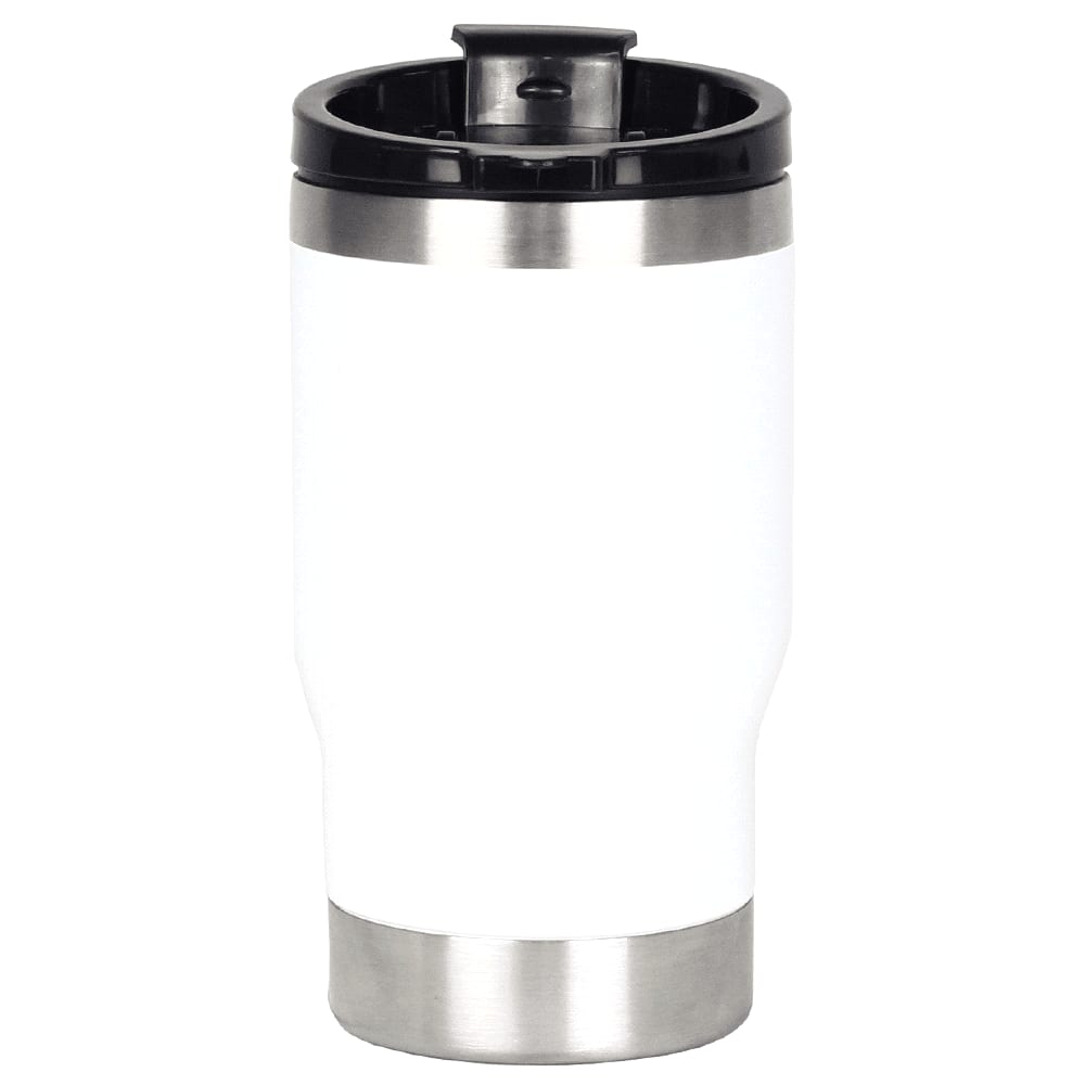 A drink bottle featuring a stainless steel base and a white body with a black lid. It includes a logo.