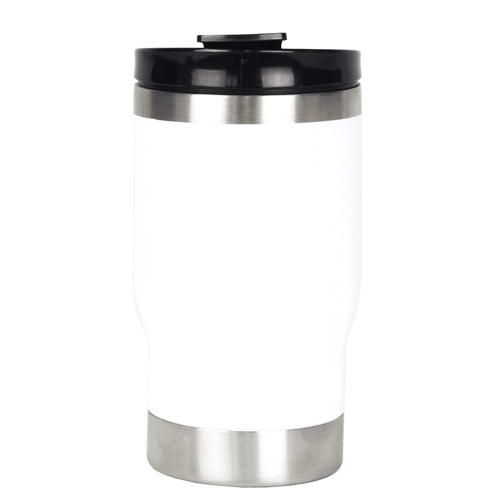 A drink bottle in white and stainless steel, featuring a black lid and a smooth design. It has a logo visible on the side.