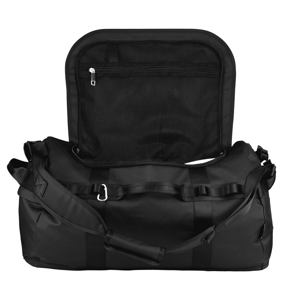A black duffel bag with a detachable mesh pocket and adjustable shoulder strap. Features a logo on the front.