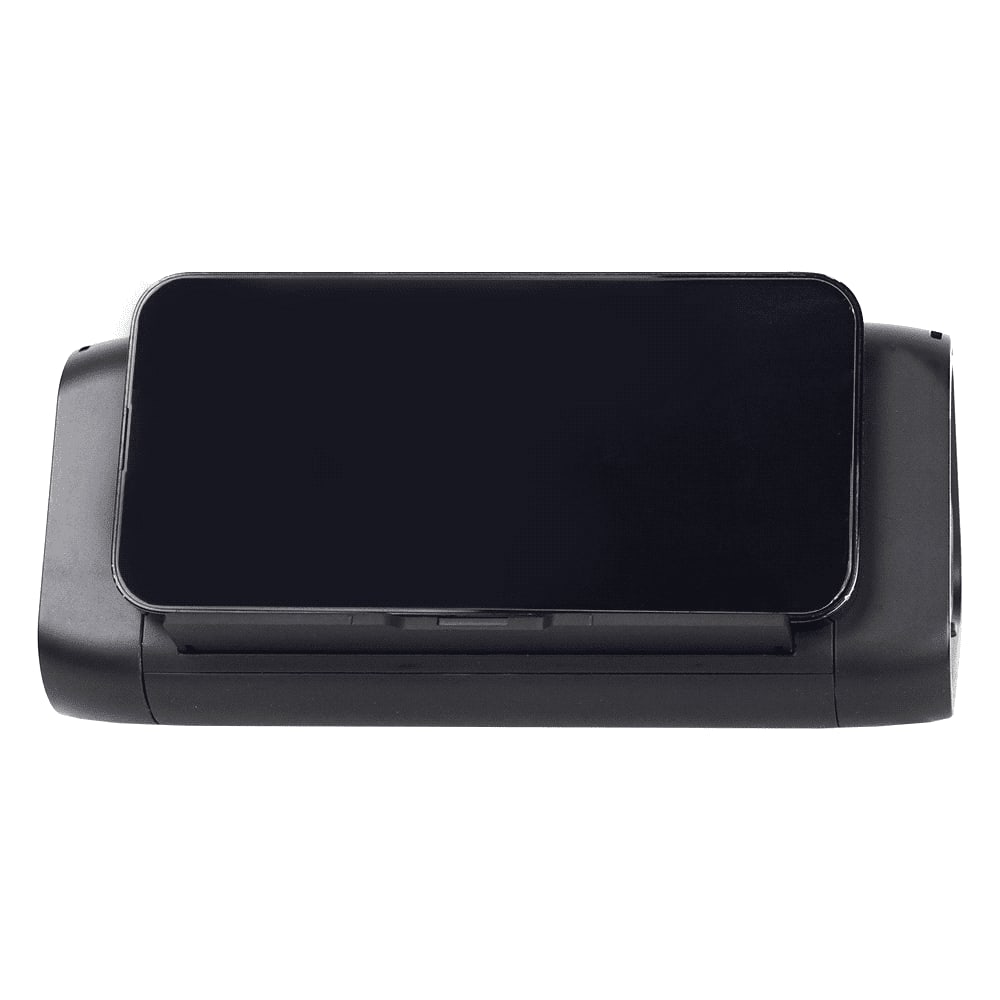 A black outdoor speaker and wireless power bank with a sleek design and a glossy surface. It features a logo.