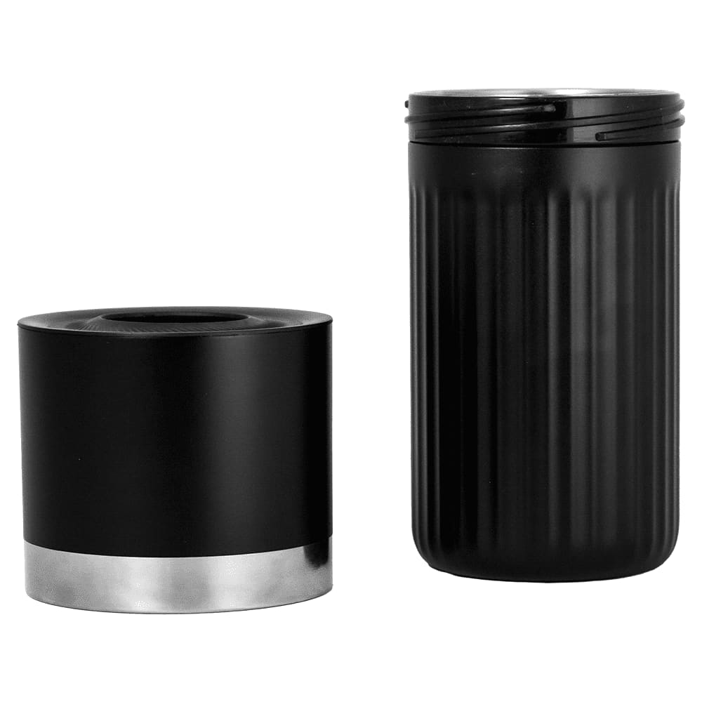 A black insulated wine cooler with a metal base, featuring an adjustable top section. Includes a logo.