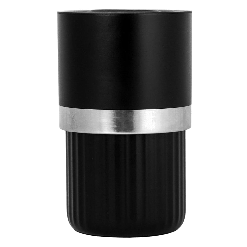 A drink bottle in black with a silver band, featuring a ribbed base and a sleek design, also has a logo.