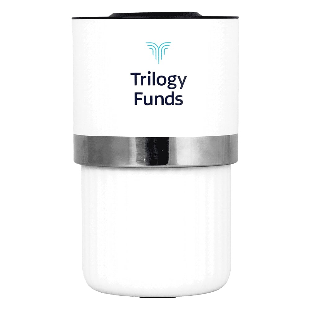 A drink bottle with a white exterior, silver band, and a logo. It features an insulated design for temperature retention.