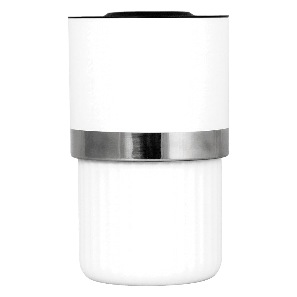 A wine cooler with an insulated white body and a stainless steel band. It features a sleek, modern design.