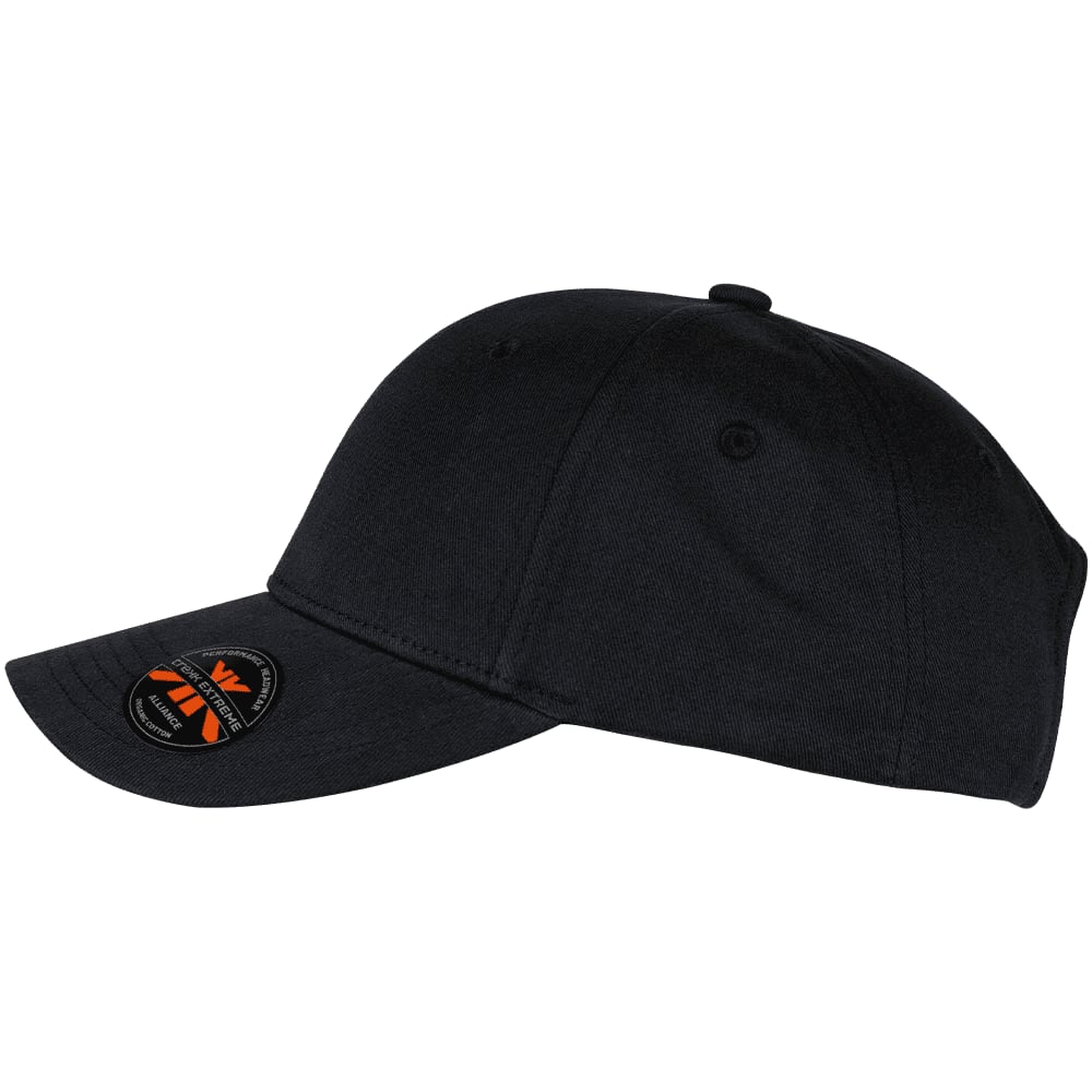 A black organic cotton twill cap with a curved brim and a logo on the side.