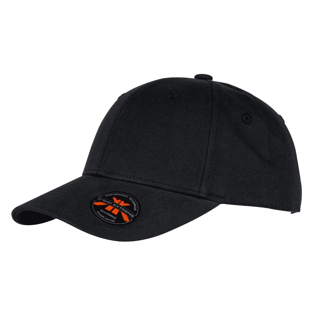 A black organic cotton twill cap featuring a logo on the front and a curved brim.