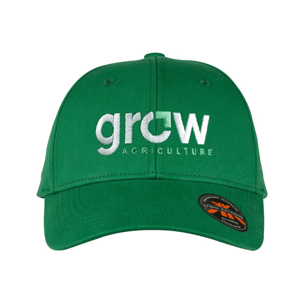 A green cotton twill cap with a logo on the front. The cap features a curved brim and adjustable strap.