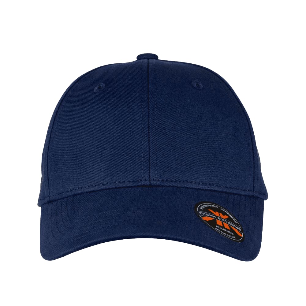 A navy blue organic cotton twill cap featuring a logo on the side.