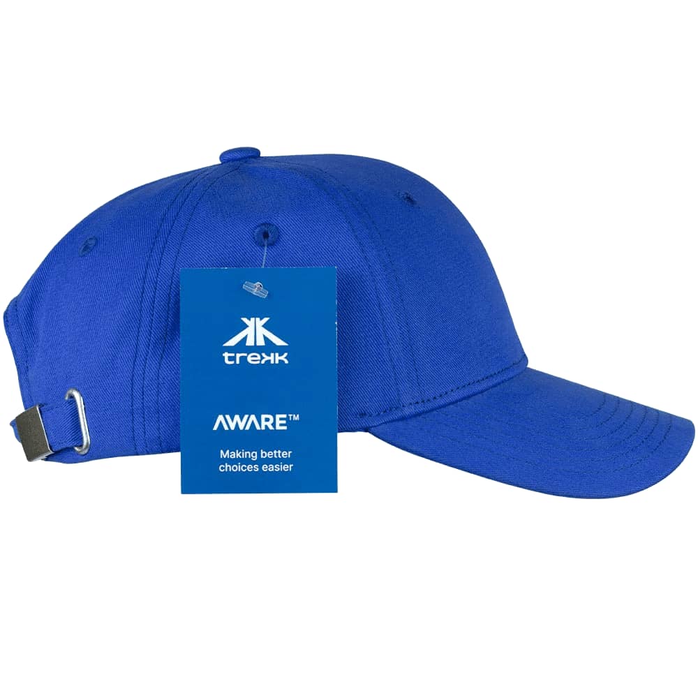 A blue organic cotton twill cap with a curved brim and an adjustable strap at the back. It has a logo and a tag attached.