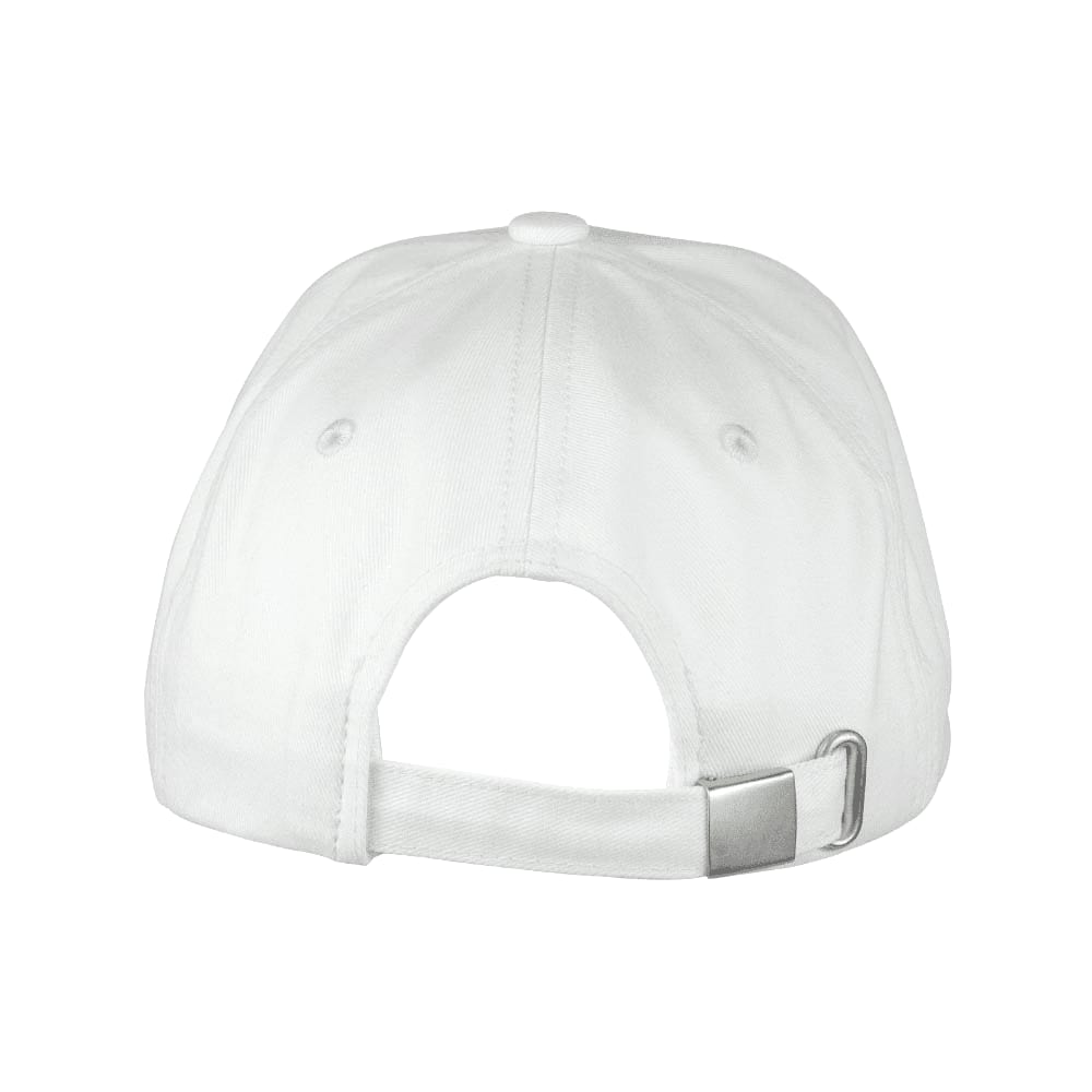 A white organic cotton twill cap featuring a back strap adjustment and a logo.