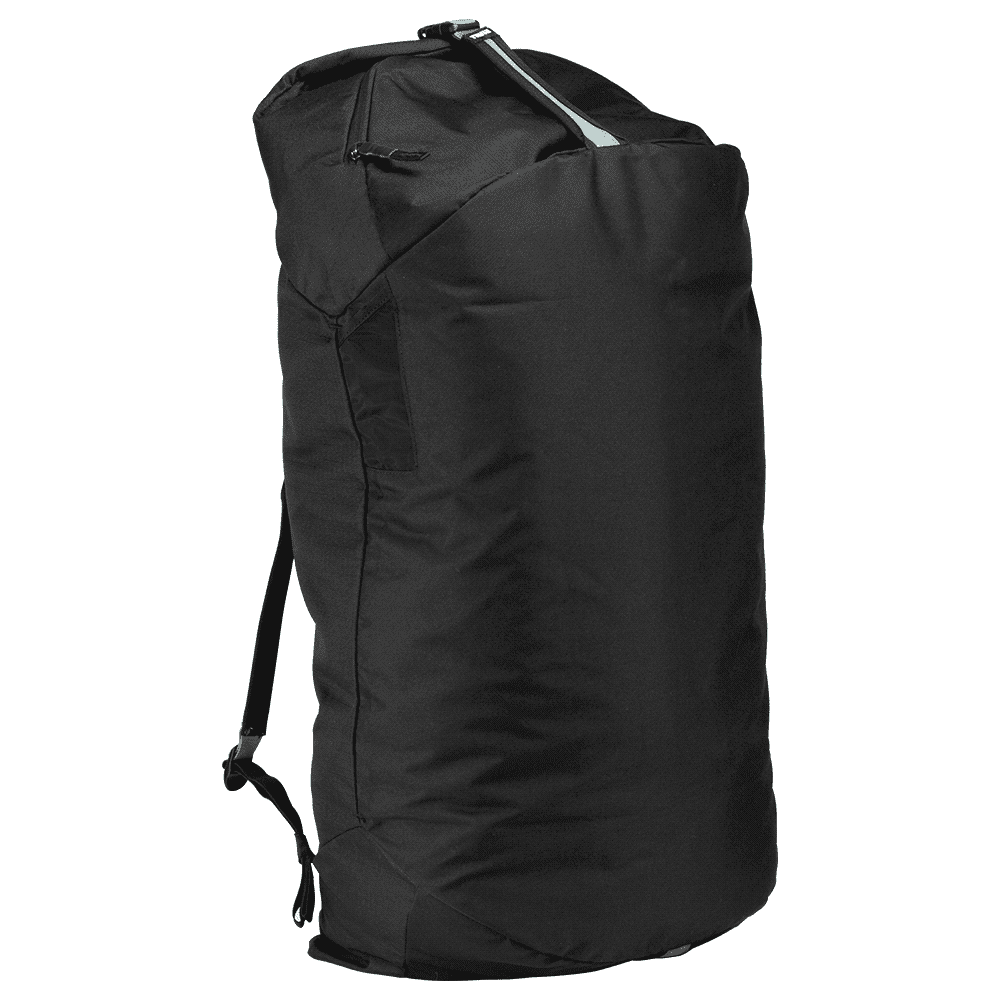 A black duffel bag with a mid blue accent, featuring shoulder straps and a zippered opening. Includes a logo.