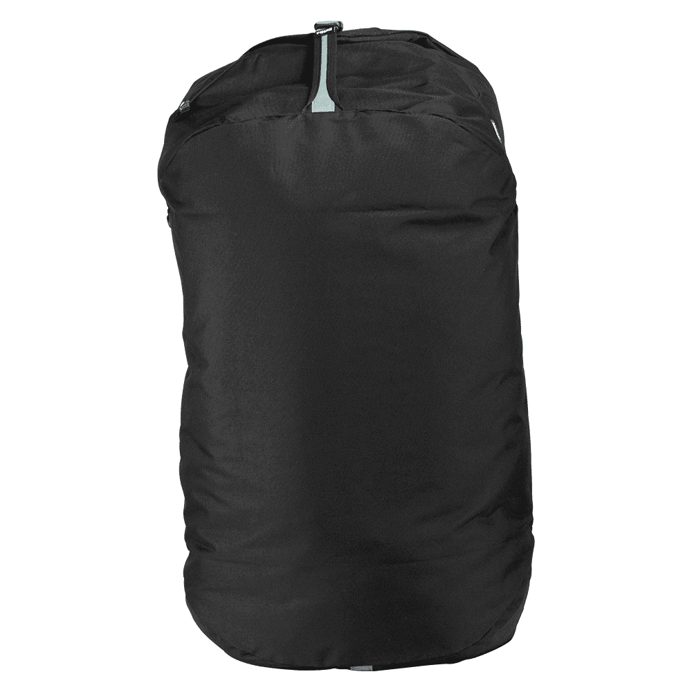 A black cargo duffel bag with a mid blue accent, featuring a top zipper and a simple design.