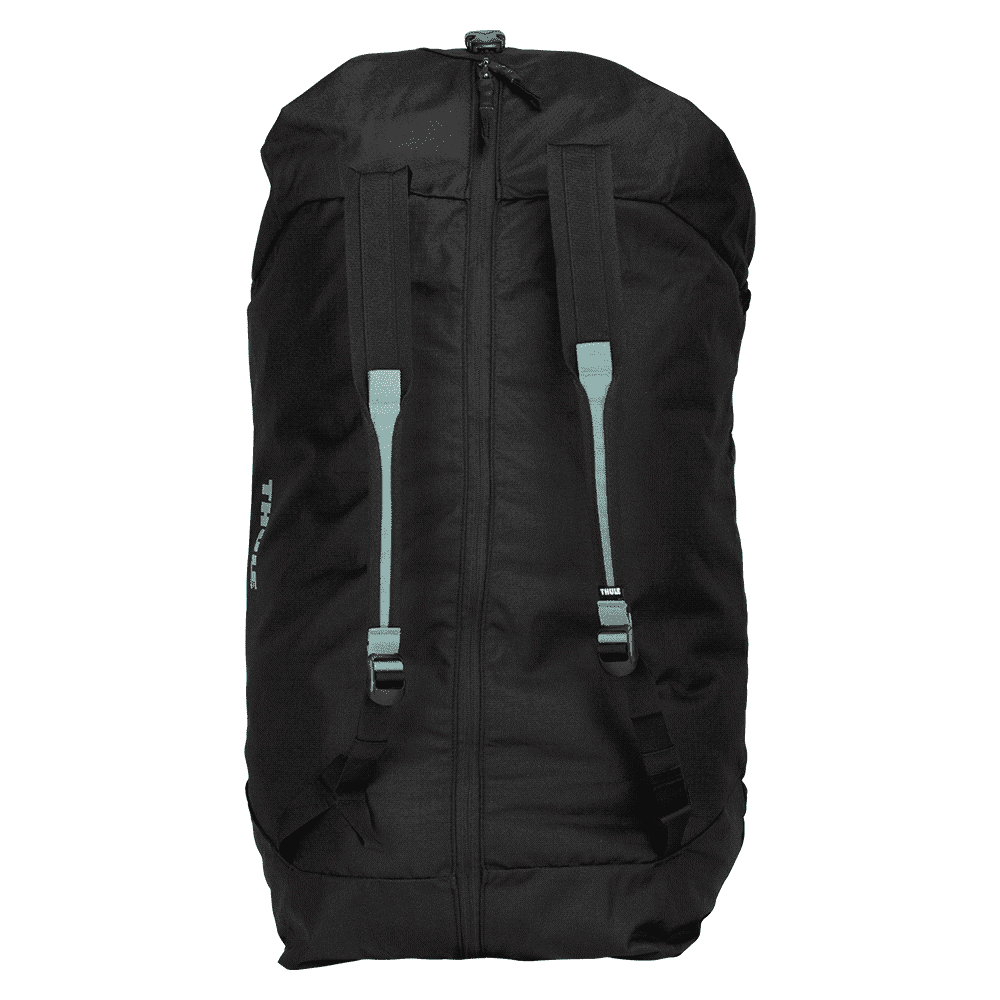 A black duffel bag with mid blue accents and adjustable straps, featuring a logo.