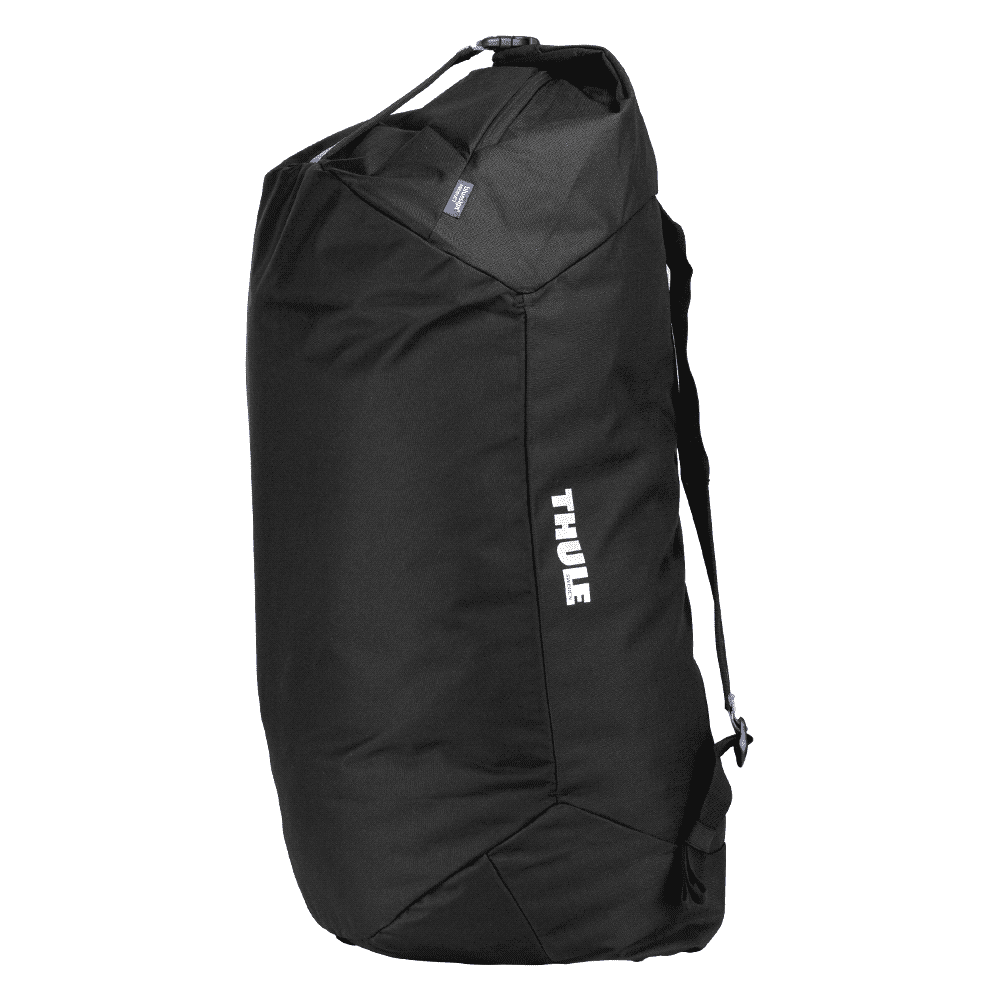 A black duffel bag with mid blue accents and a logo on the side.