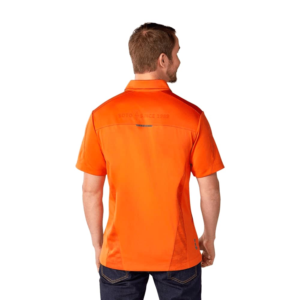 A short-sleeve polo shirt in bright orange, featuring a logo on the back and a classic collar design.