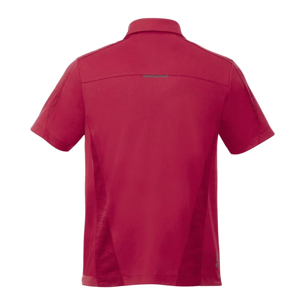 A short-sleeve polo shirt in red, featuring a back design and logo, suited for performance wear.