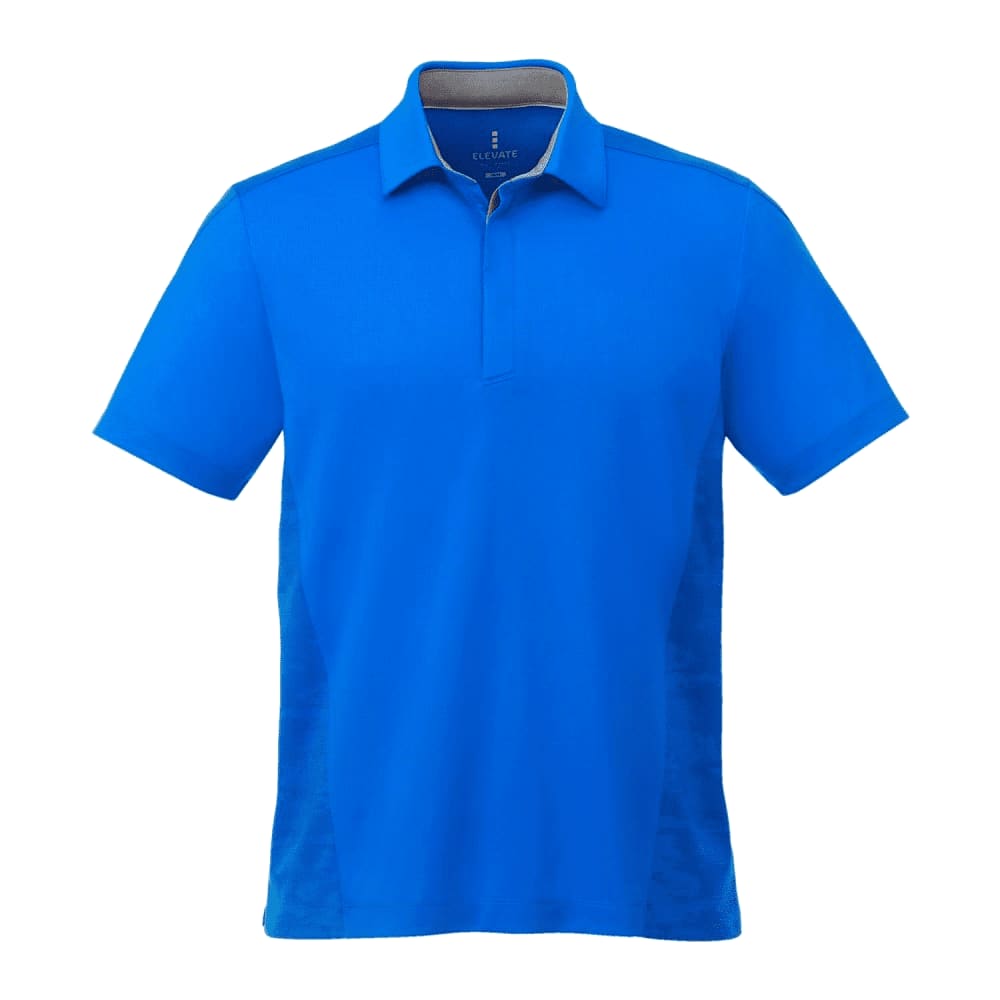 A bright blue men's polo shirt with short sleeves and a collar, featuring a subtle logo on the front.