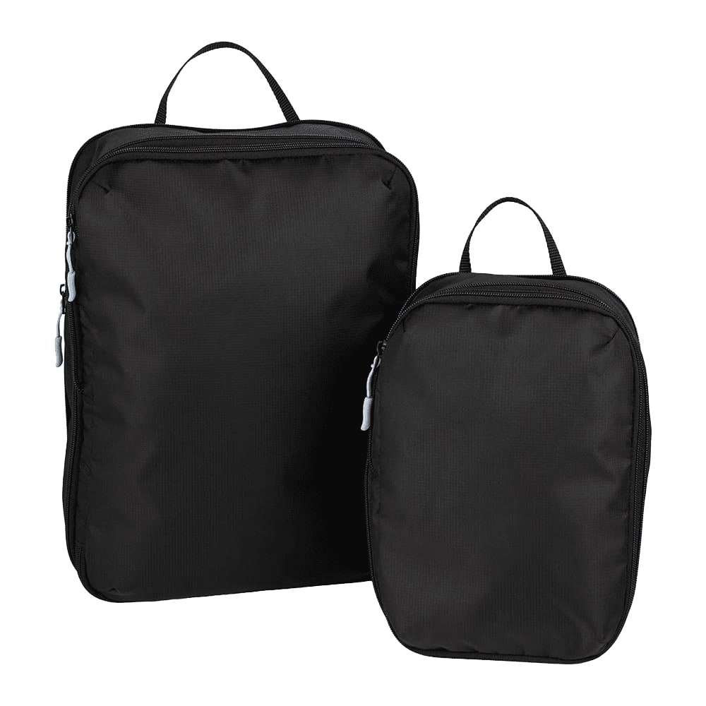 A set of black compression packing cubes in two sizes, featuring zippers and carry handles, with a logo.