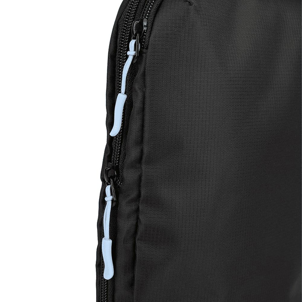 A black packing cube with blue zipper pulls, featuring a textured fabric surface and seamless design.