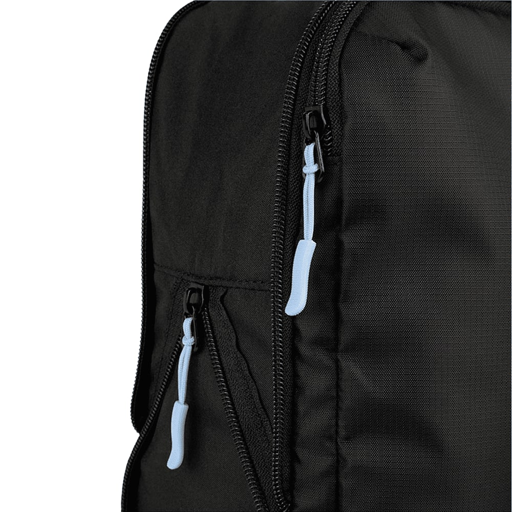 A black packing cube with blue zipper pulls, showcasing a close-up of the zippered compartment.