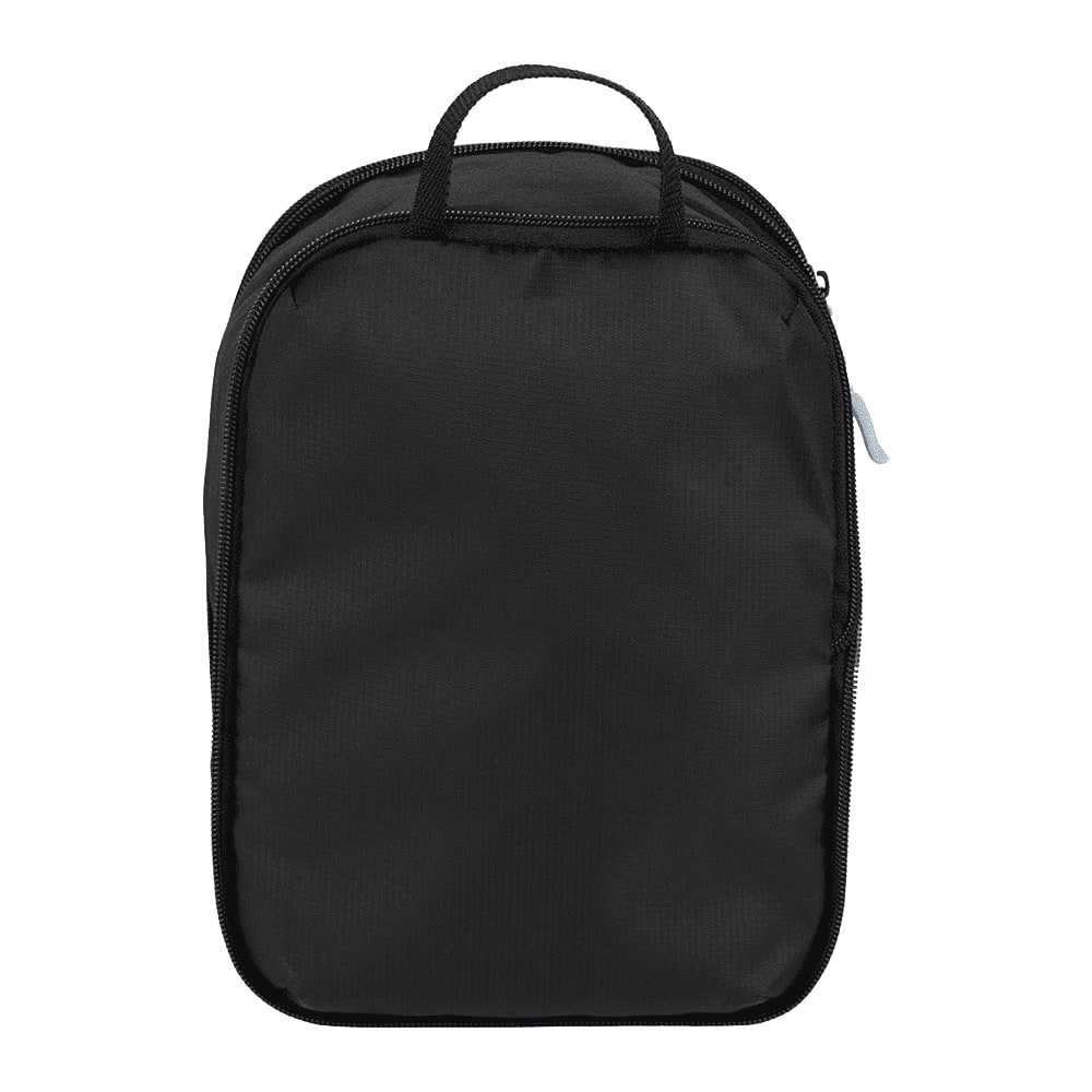 A black compression packing cube with a zipper and a top handle. It features a simple, minimalist design.