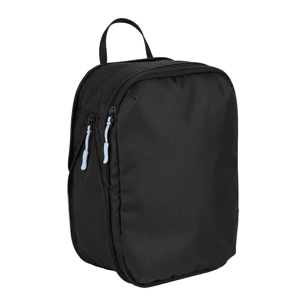 A black packing cube with two zippered compartments and a top handle, featuring light blue zip pulls.