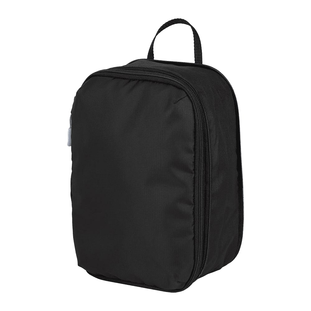 A black compression packing cube with a zipper and a top handle for easy carrying.