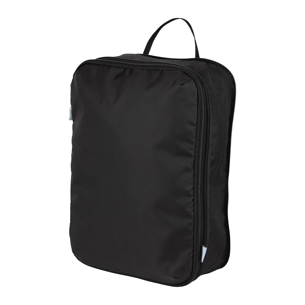 A black compression packing cube with a zippered closure and a handle on top, featuring a logo.