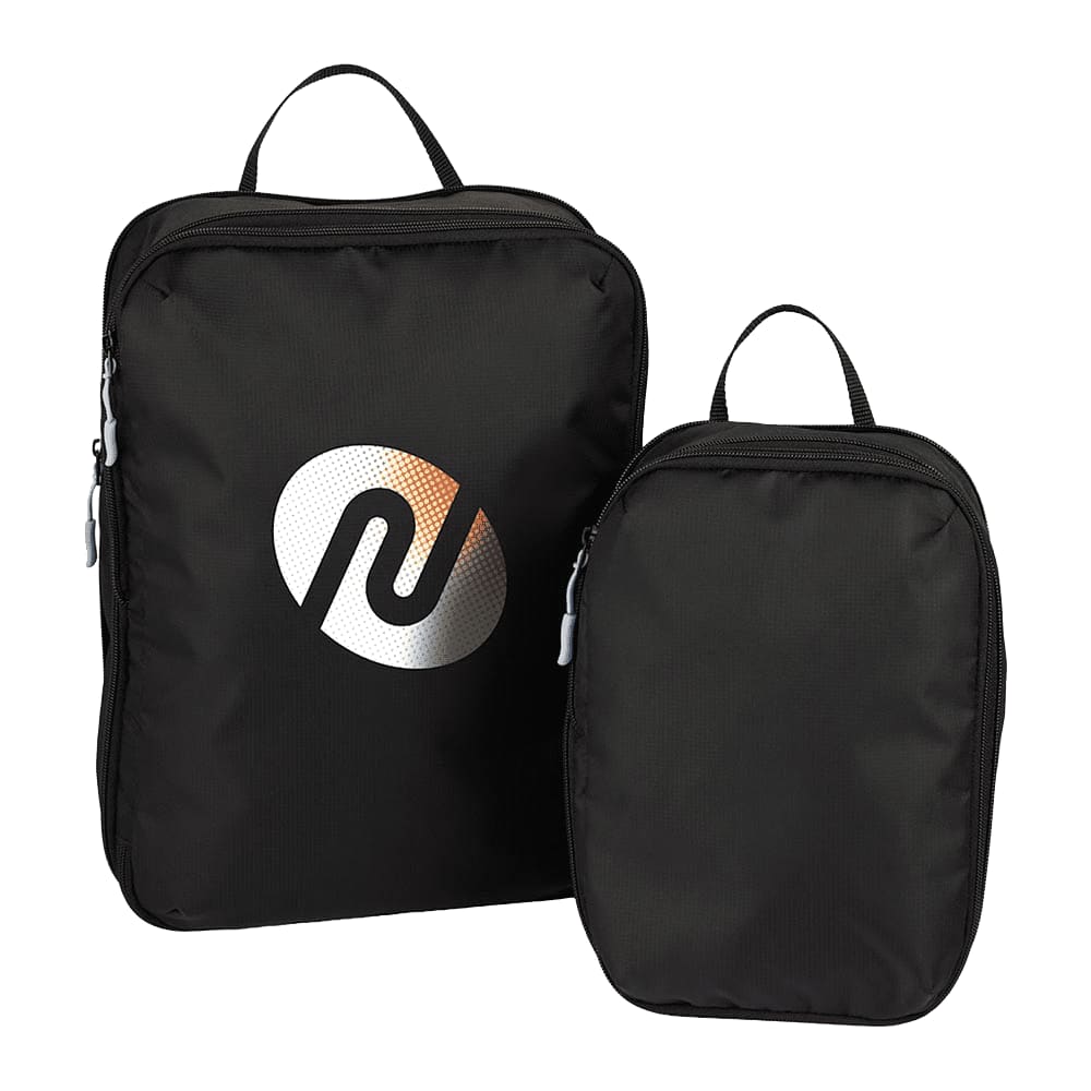 A set of black compression packing cubes, one large and one small, featuring a logo on each.
