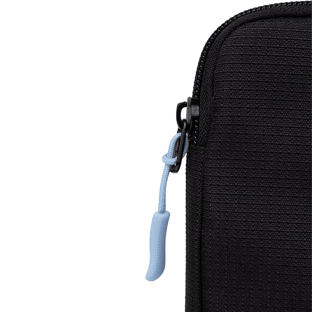 A black organiser case featuring a blue zipper pull and textured fabric, designed for miscellaneous bag storage.