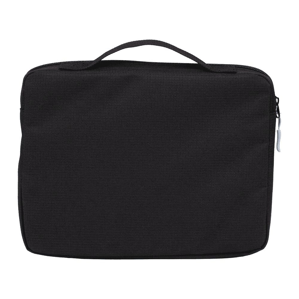 A black organiser case with a zip closure and handle. It features a logo on the front.