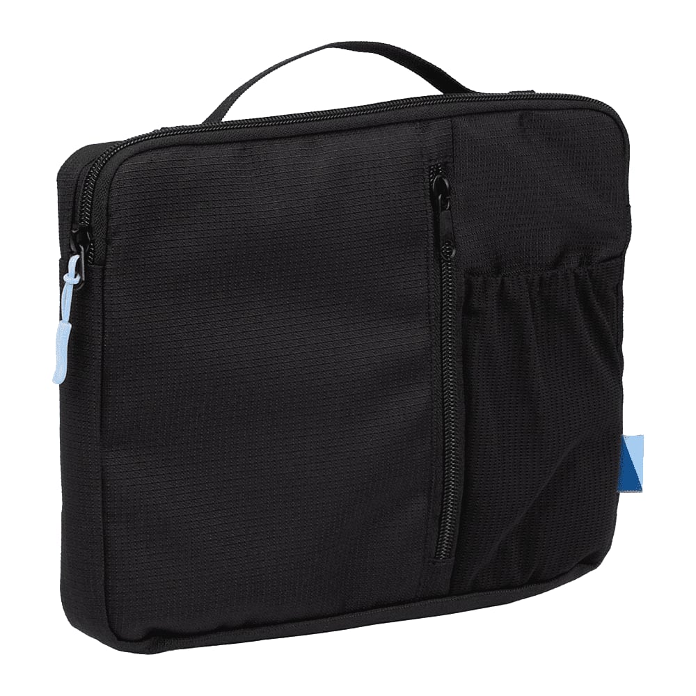A black organiser case with a zippered pocket and a side mesh pocket, featuring a handle and branding.