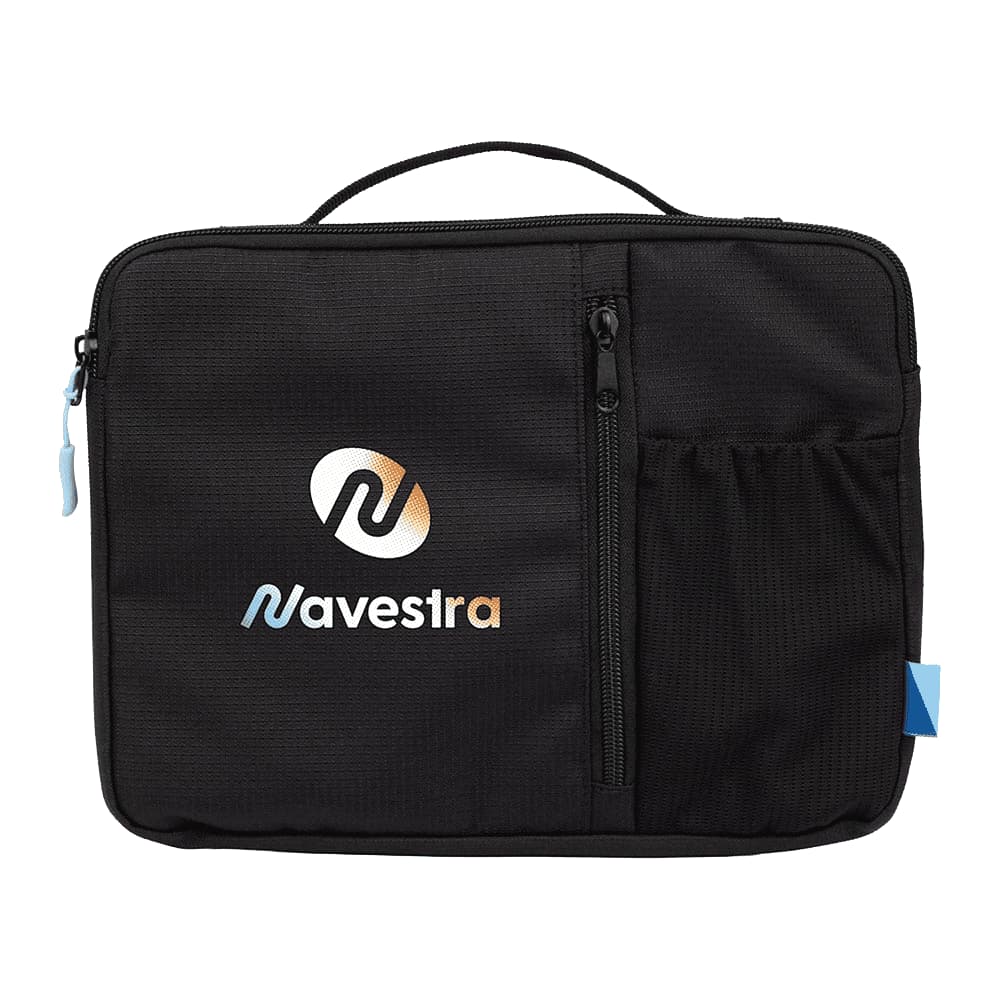 A black organiser case with a front zip pocket and a branding logo on the front. It features a top handle for easy carrying.