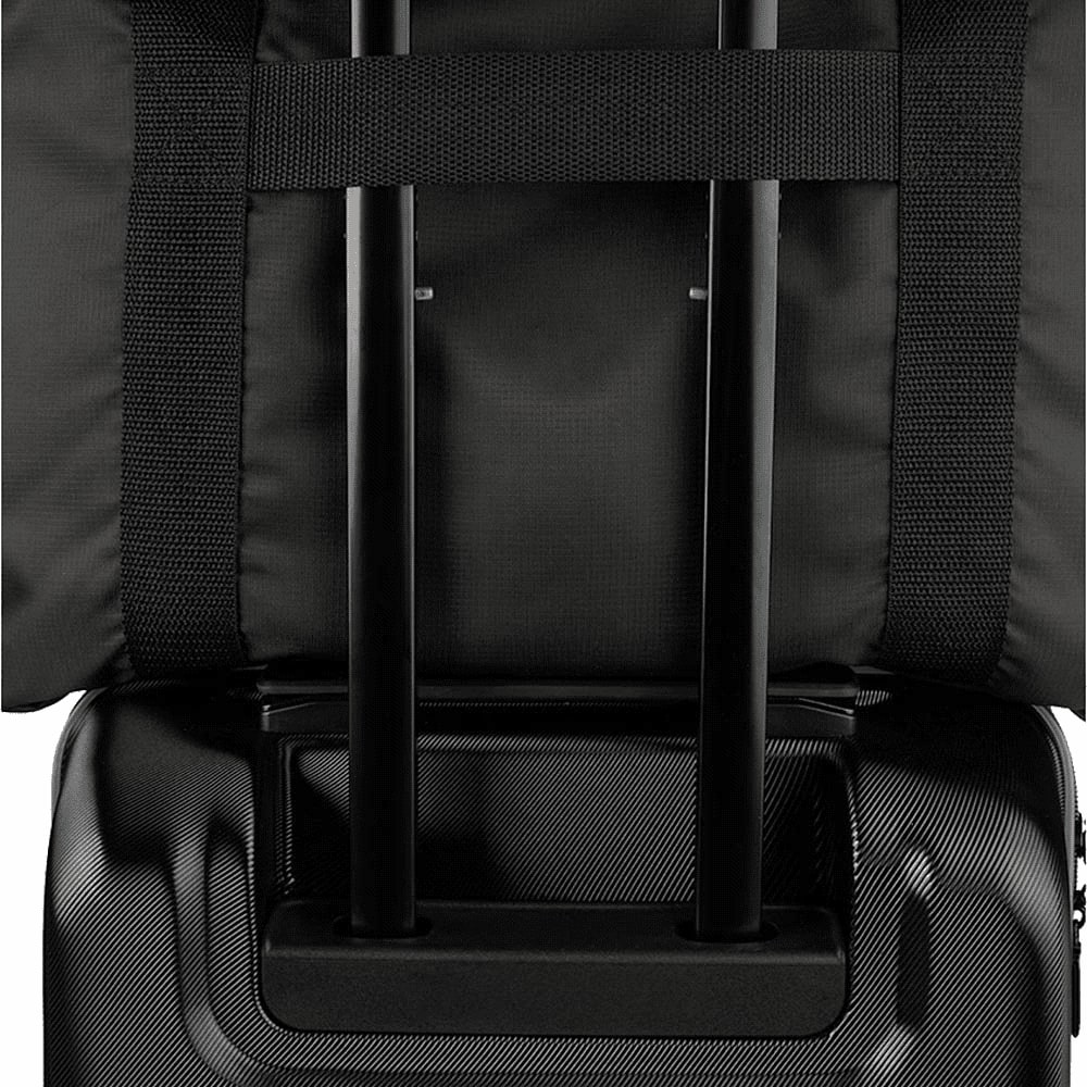 A packable travel duffel bag in black with adjustable straps and a retractable handle. Features a logo.
