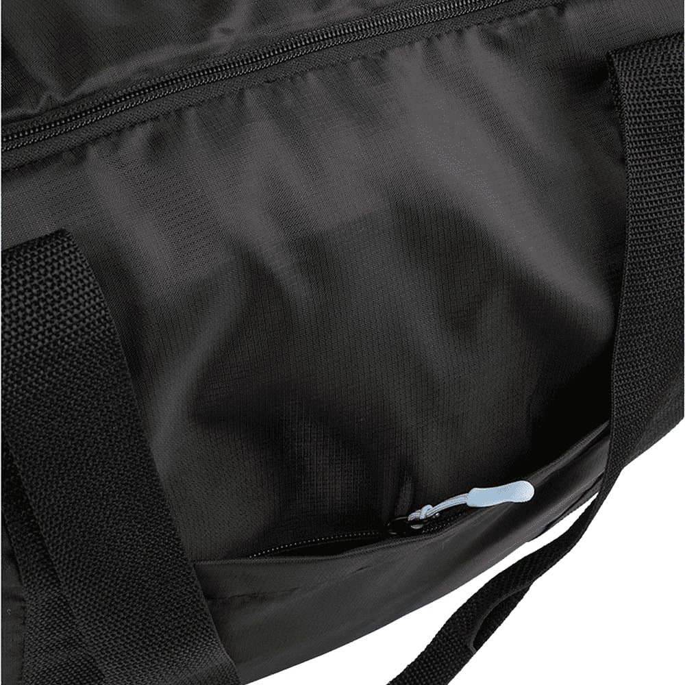 A packable travel duffel bag in black, featuring a zippered pocket and sturdy handles. It has a logo.