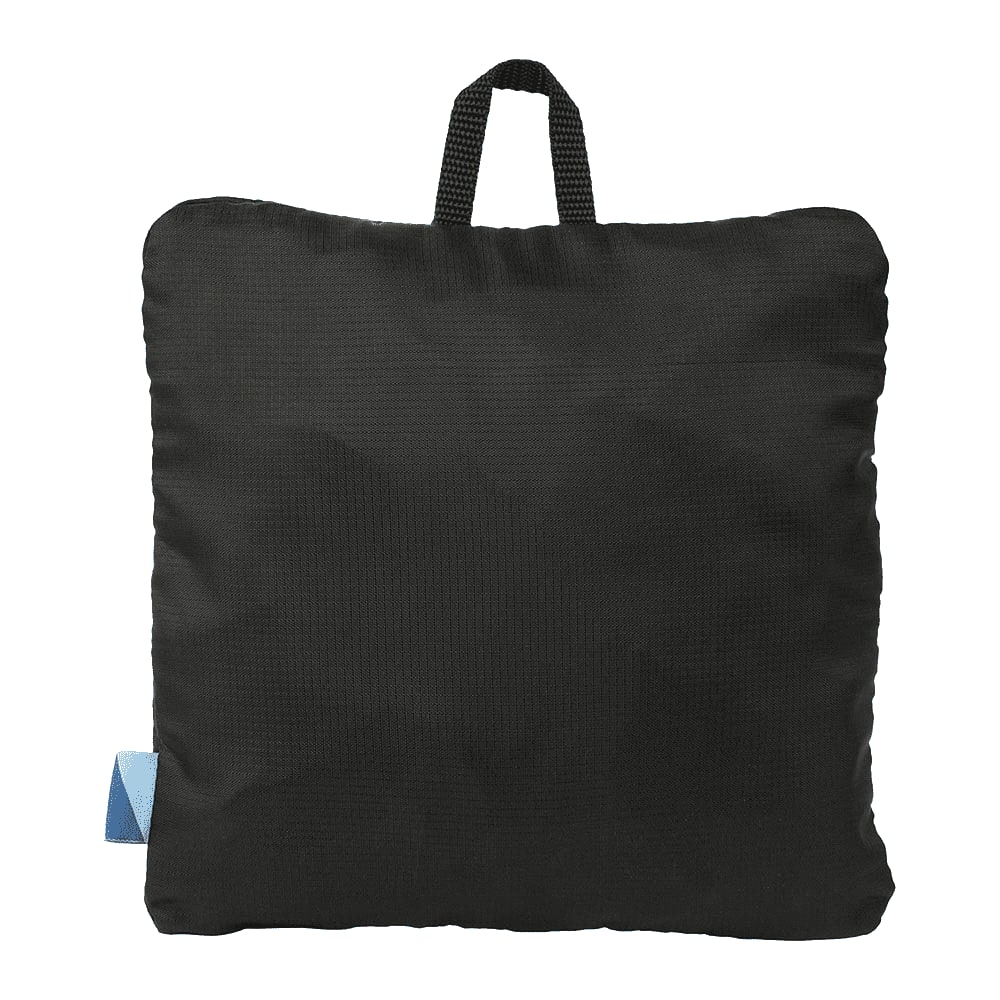 A black packable travel duffel bag with a top handle, featuring a contrasting blue tag.