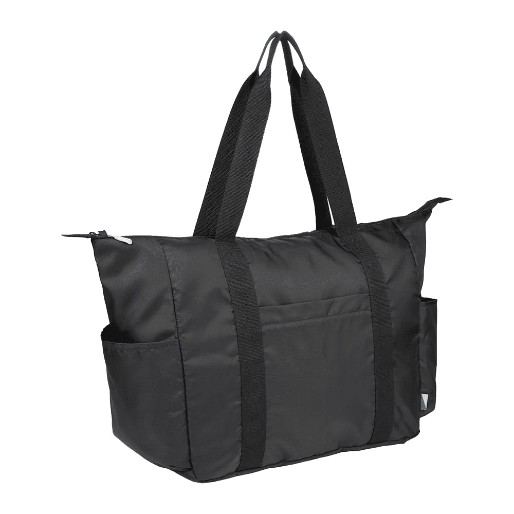 A black packable travel duffel bag with dual handles and side pockets, featuring a logo.