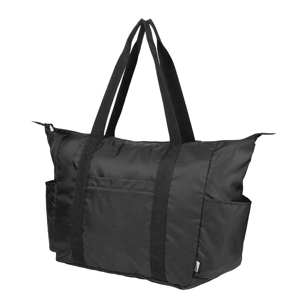 A packable travel duffel bag in black, featuring sturdy handles and multiple exterior pockets. It has a logo present.
