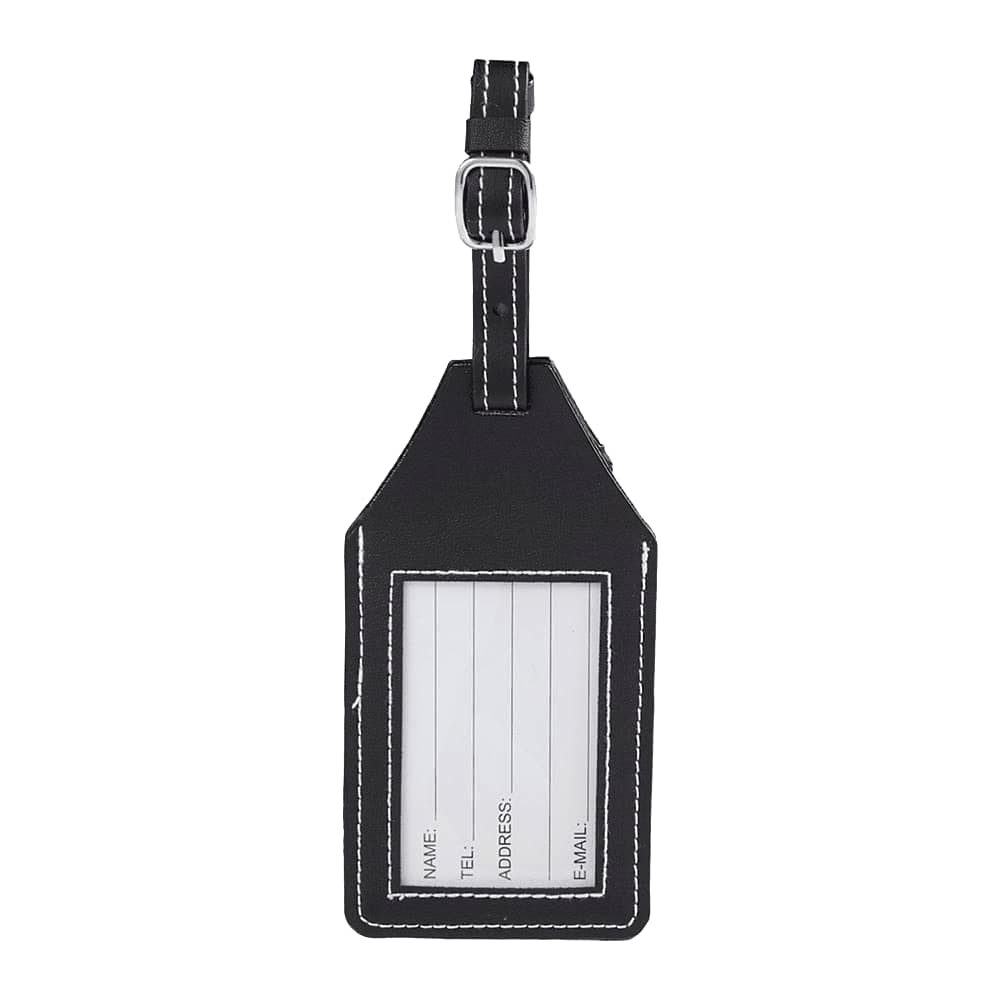 A black luggage tag with a clear window for information, featuring a strap and contrasting stitching.