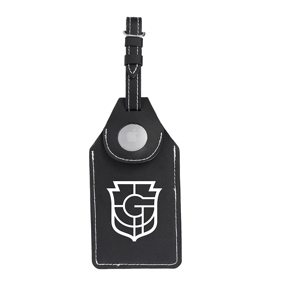 A black luggage tag featuring a holder for an AirTag, with contrasting white stitching and a logo.