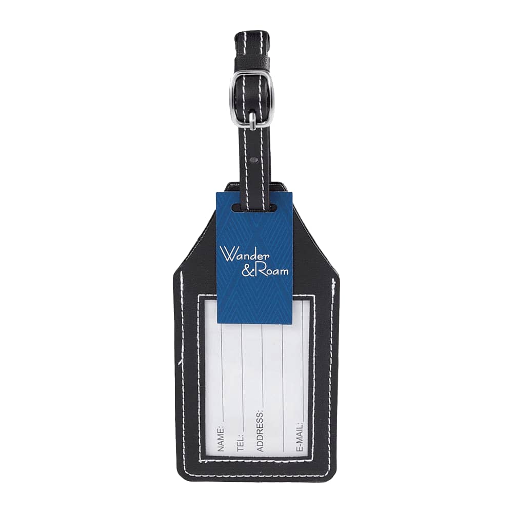 A black luggage tag featuring a holder for an AirTag, with a blue tag for personal details.