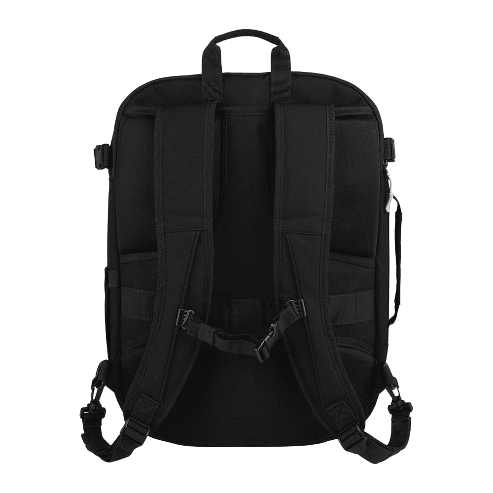 A black travel backpack featuring padded straps and multiple compartments. It has a branding logo visible.