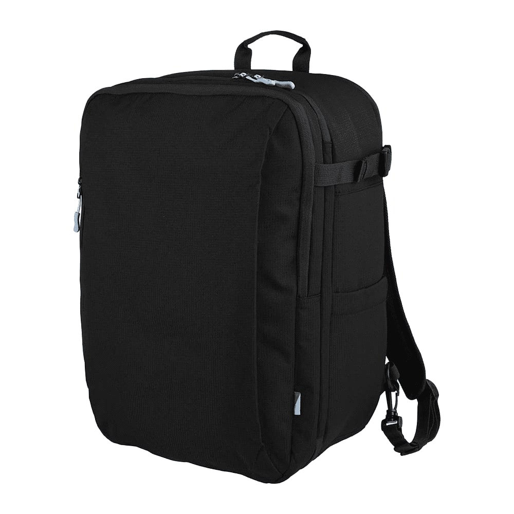 A black travel backpack featuring a sleek design, adjustable straps, and a logo on the front.