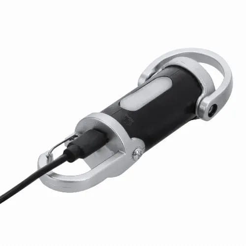 A black torch keyring with metal accents and a charging port. Features a carabiner-style attachment.